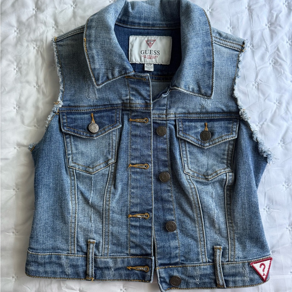 Guess Blue Denim Sleeveless Cropped Jacket
